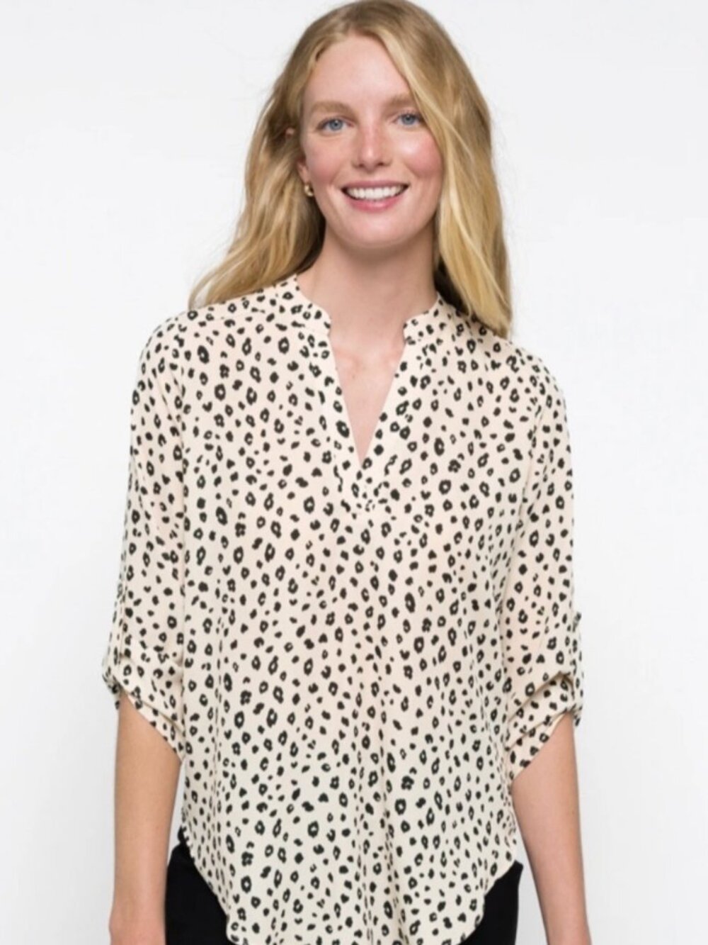 Lush Split Neck Leopard Animal Print Blouse 3/4 Sleeve Cream Black Size XXL